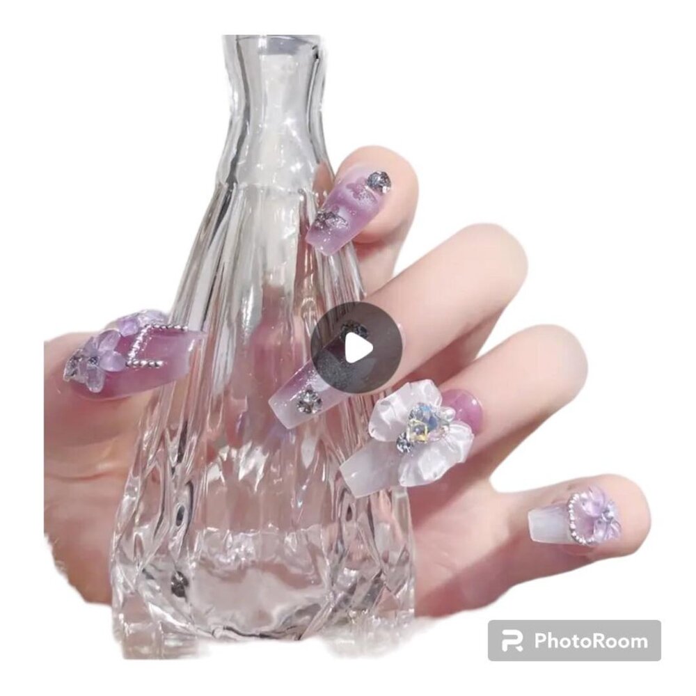 24 Pc "Purple Party" 3D Adorned Glossy Medium Coffin Press on Nails Set